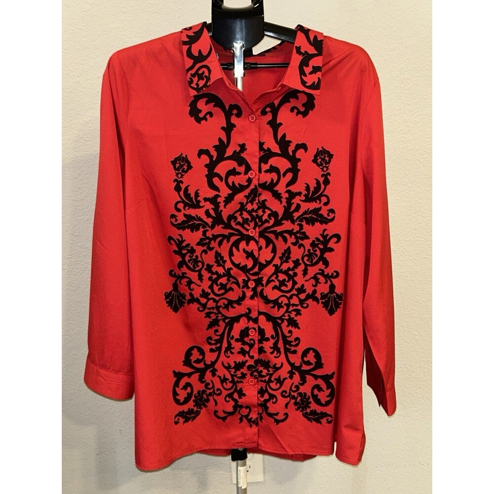 Roamans Plus Size 20W Red Tunic Blouse Black Flocked Damask Baroque Button Up